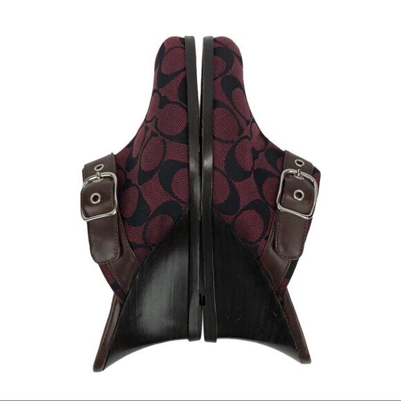 COACH Signature Monogram Canva Burgundy/wine Logo textile Bethany Wedge Mules 7 - Picture 9 of 16